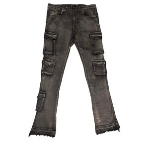 Waimea Mens Stacked Fit Cargo Jeans Washed Black Distressed Denim 38x36